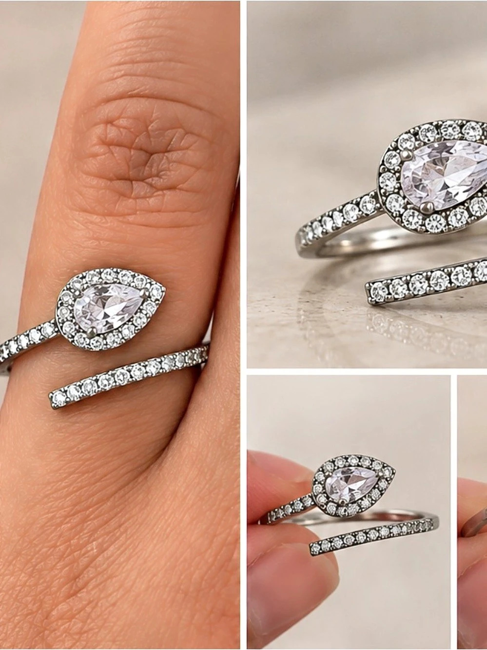 Pear Shaped Rhinestone Wrap Ring Teardrop Statement Jewelry